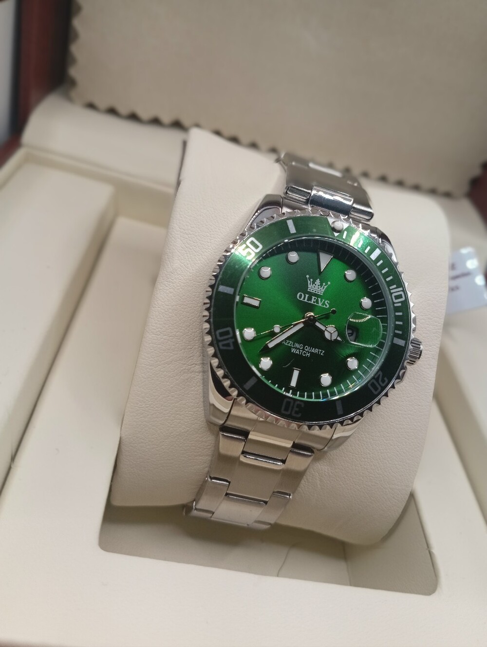 Olevs Waterproof Green Dial Steel Bracelet New